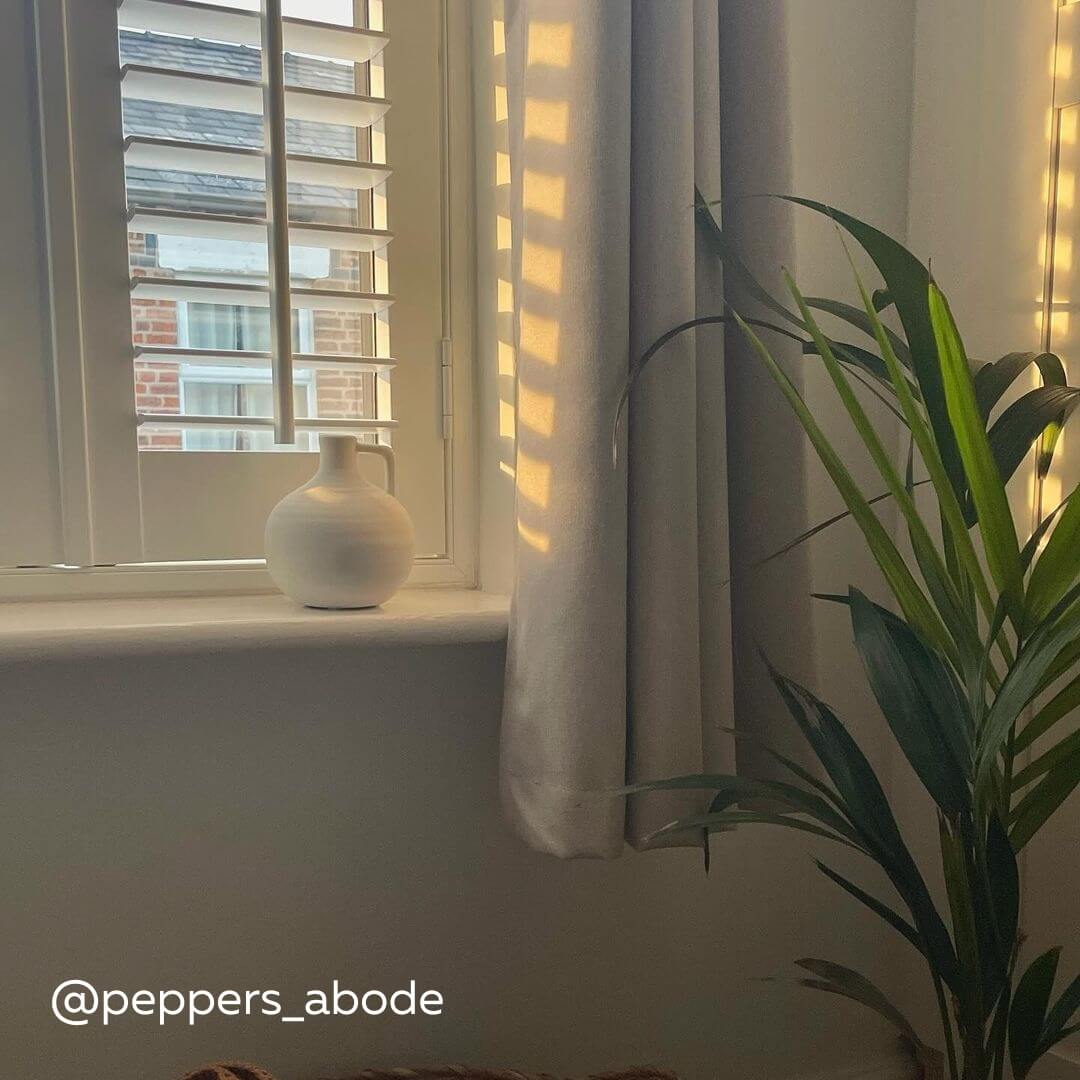 White Shutters with central tilt rod on a window with curtains
