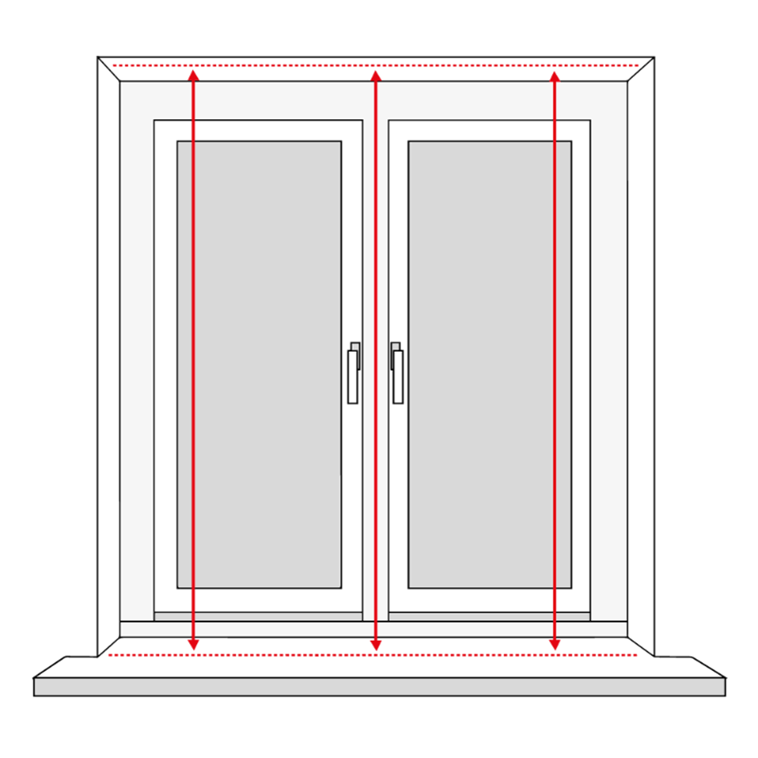 Diagram showing how to measure the height of a recessed window in three places for shutters