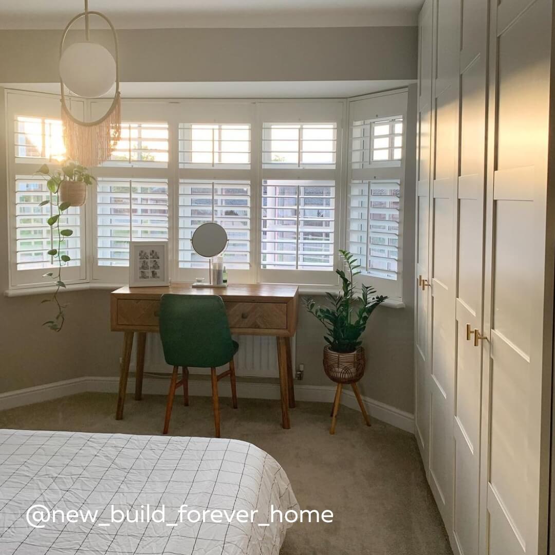 White Full Height Shutters with midrail in a modern bedroom 