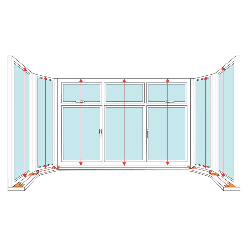 Diagram showing how to measure the height of each panel in an angled bay window for shutters