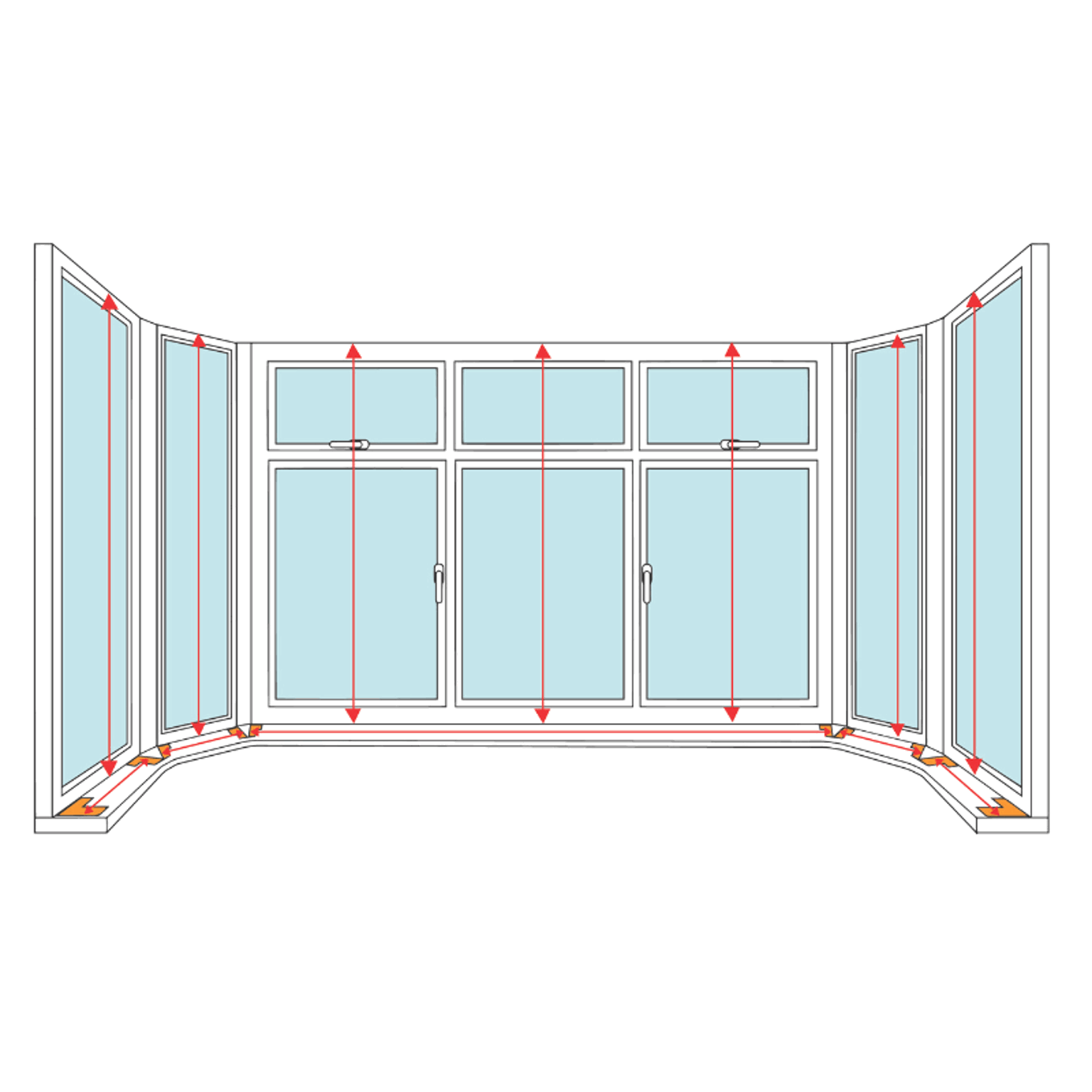 Diagram showing how to measure the height of each panel in an angled bay window for shutters