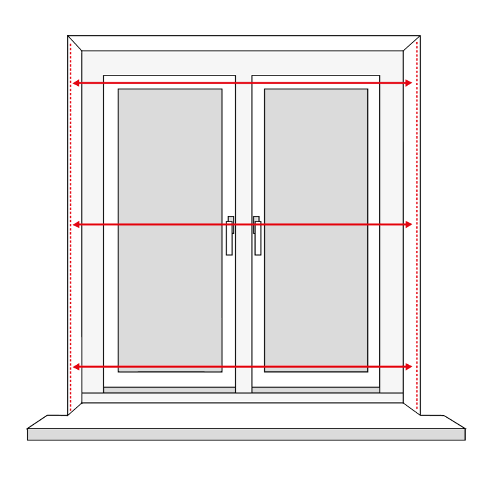 Diagram showing how to measure the width of a recessed window from sill to desired finish point