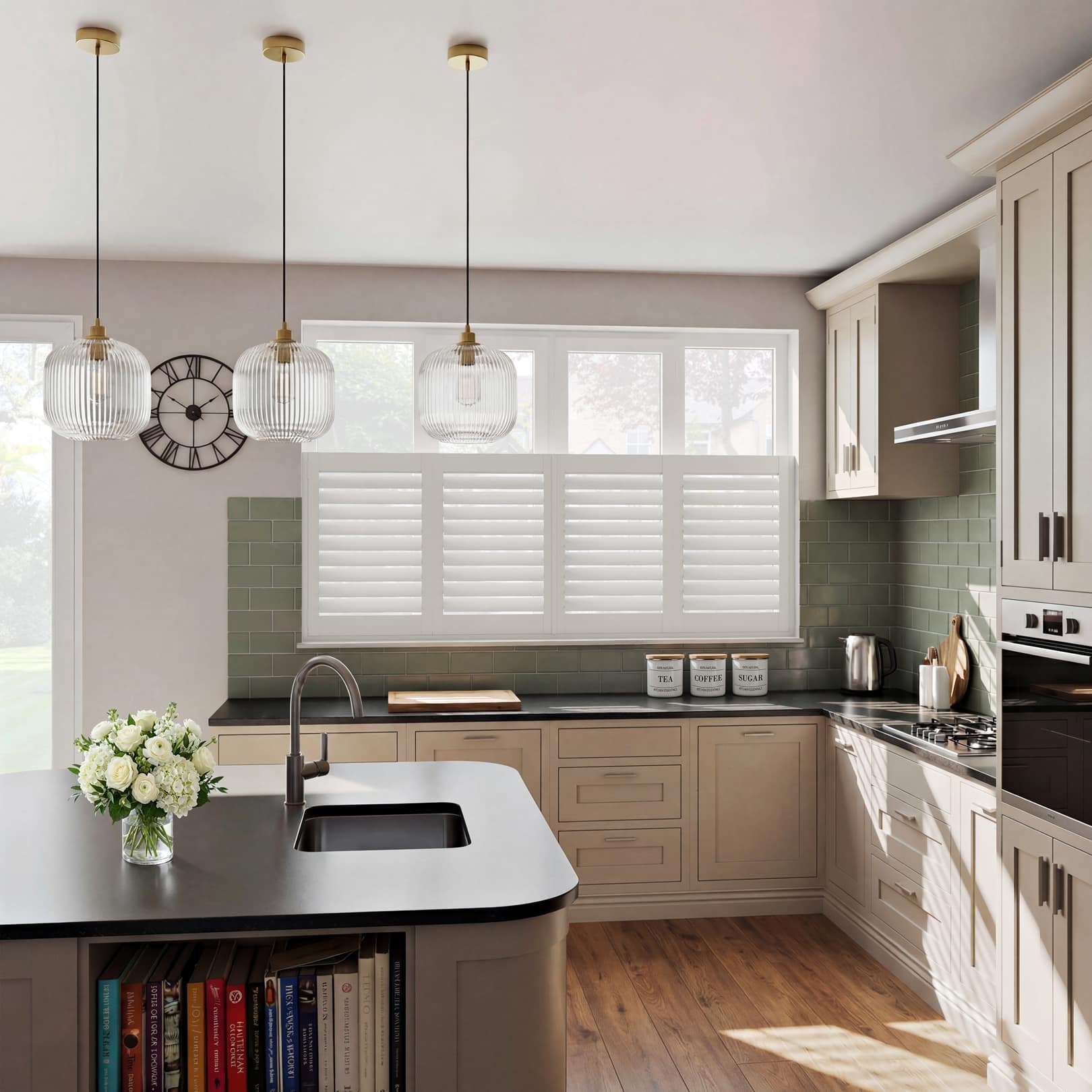 Traffic White Hardwood Cafe Style Shutter above Kitchen Window
