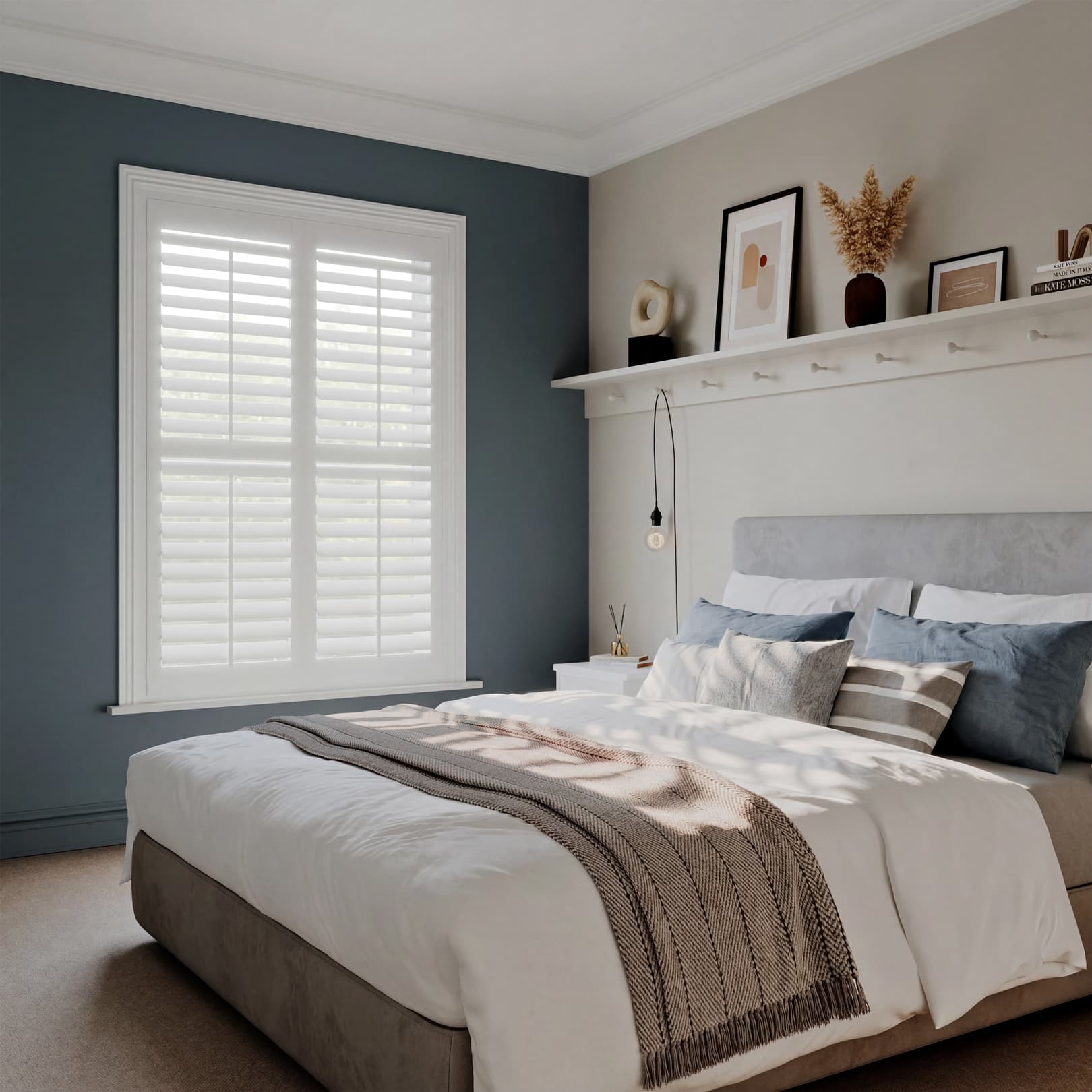 Ice White Full Height Faux Wood Shutter in Bedroom Window