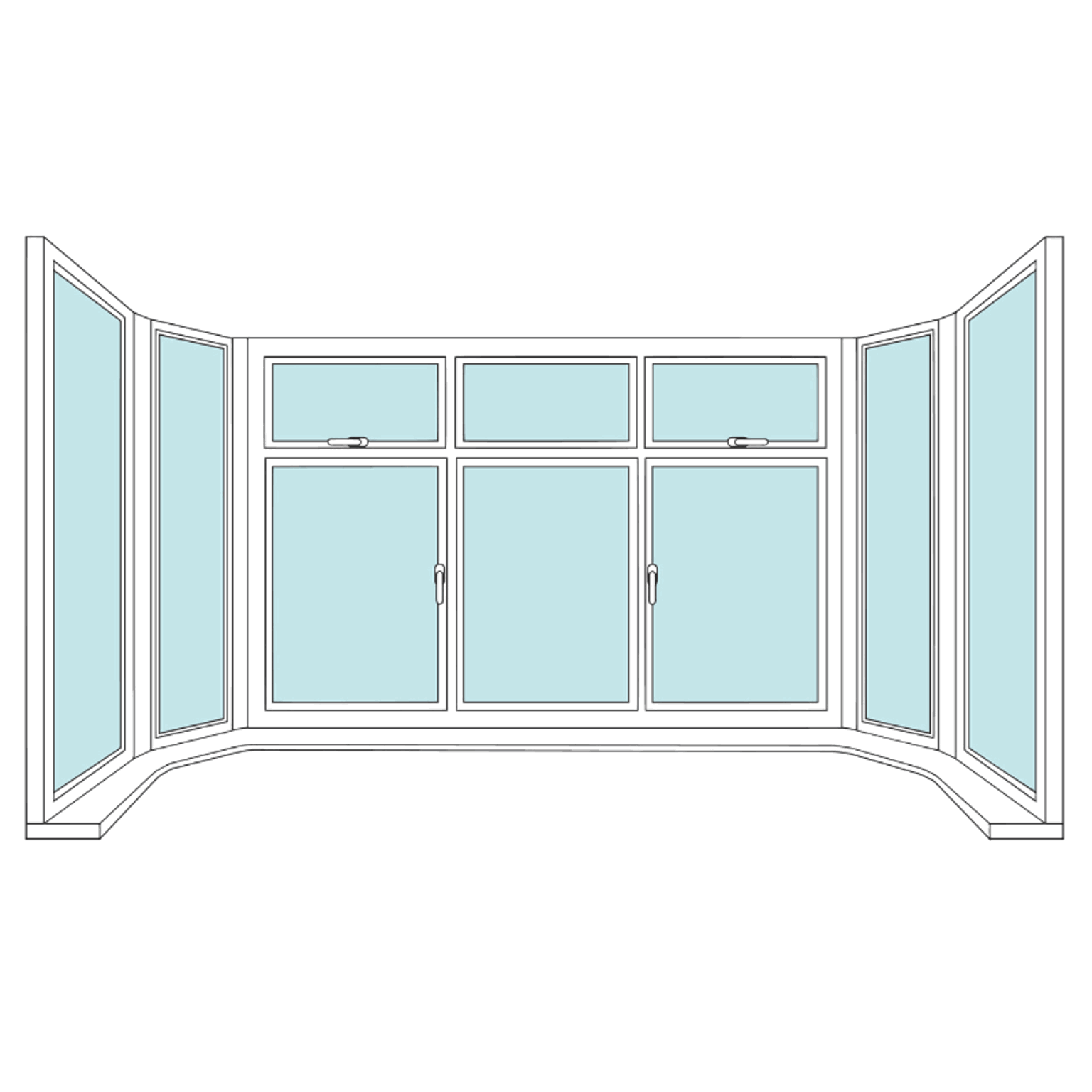 Diagram illustrating an angled bay window full view, showing the layout of panels and sections.
