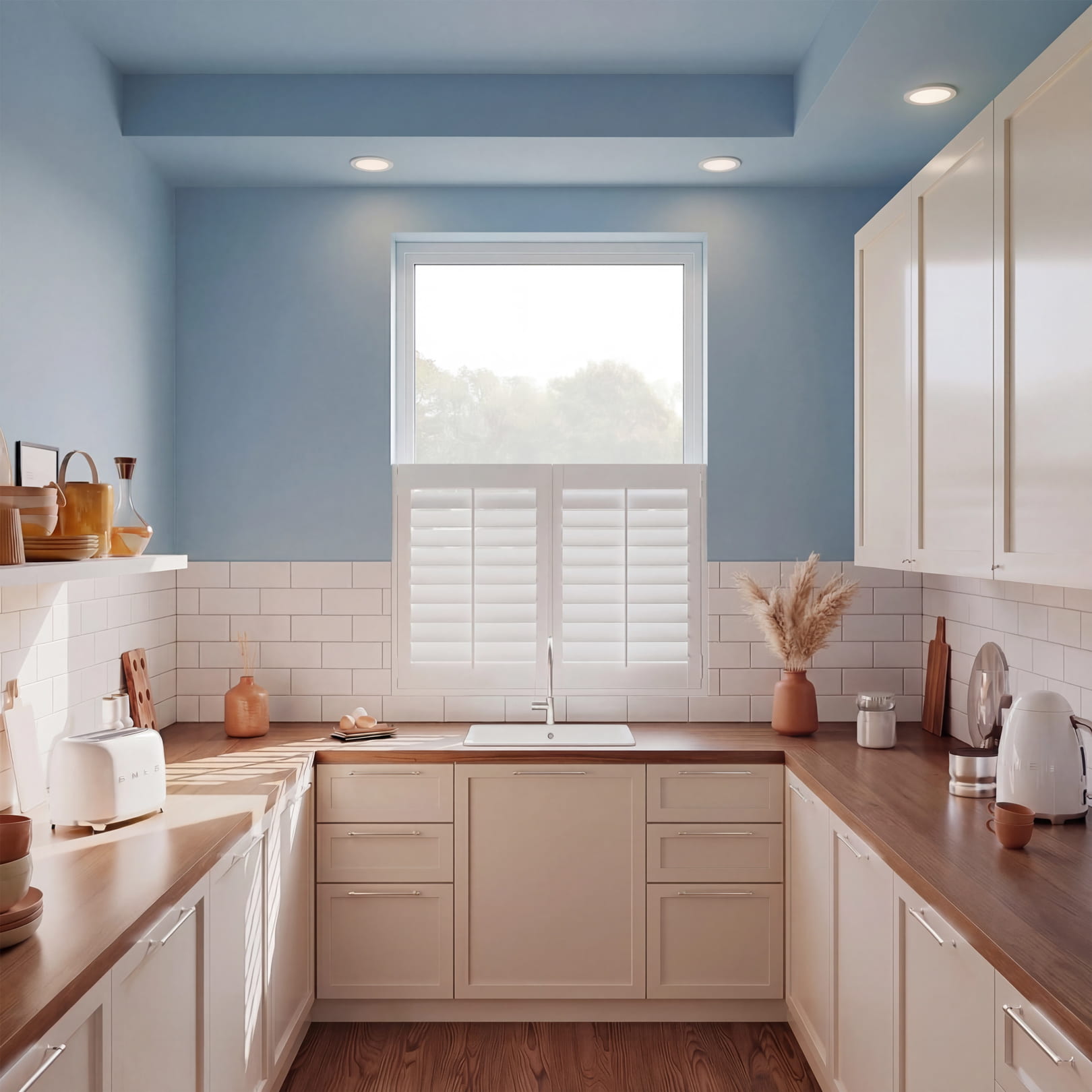 Ice White Cafe Style Faux Wood Shutter in Window above kitchen sink