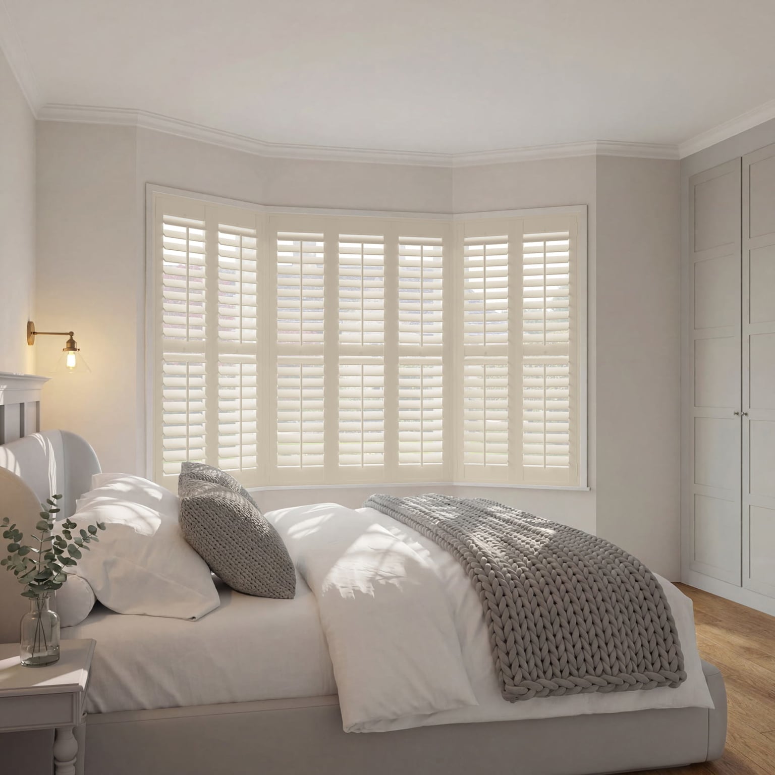 Cream Hardwood Full Height Bay Window Shutter in Modern Bedroom