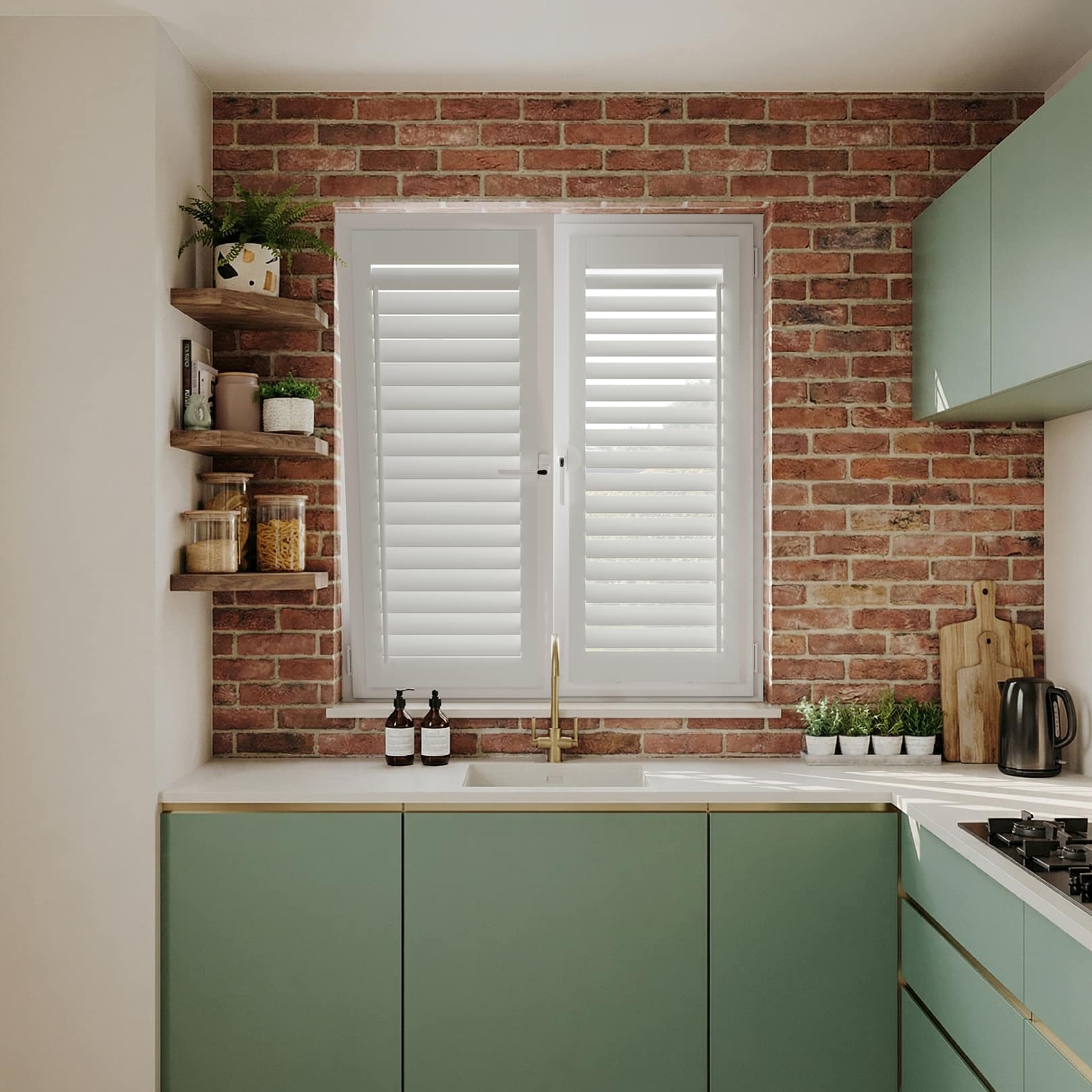 Cotton White Perfect Fit Shutter in window above kitchen sink