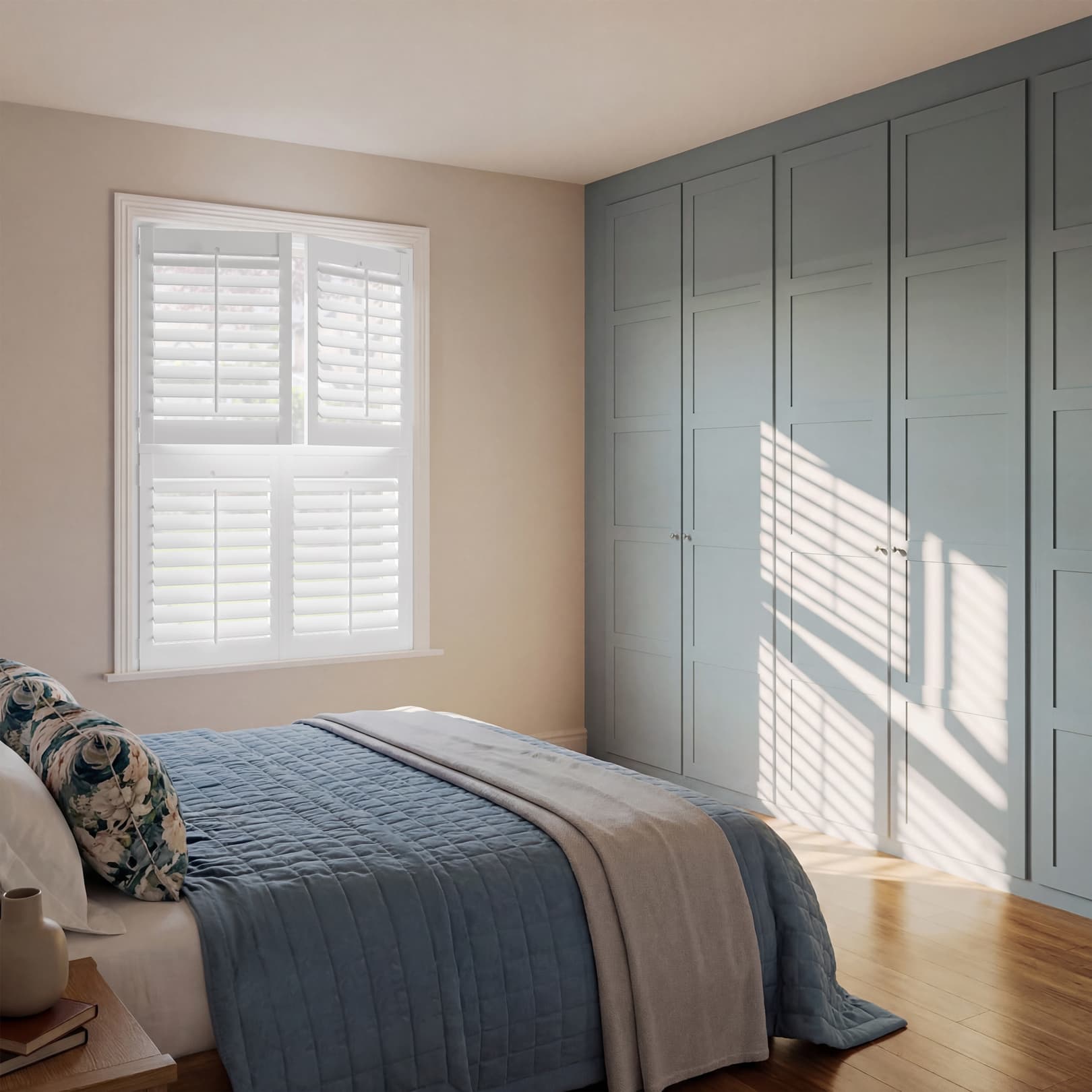 Silk White tier on tier Faux wood Shutter in bedroom window