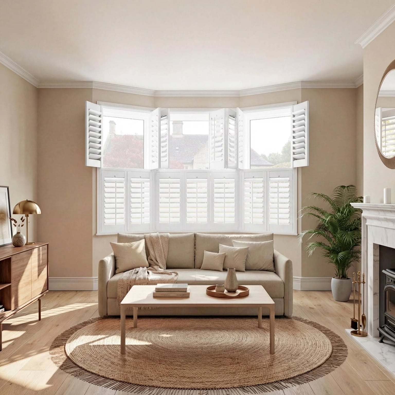 Vivid White Hardwood Tier on Tier Bay Window Shutter in a neutral-toned contemporary living room