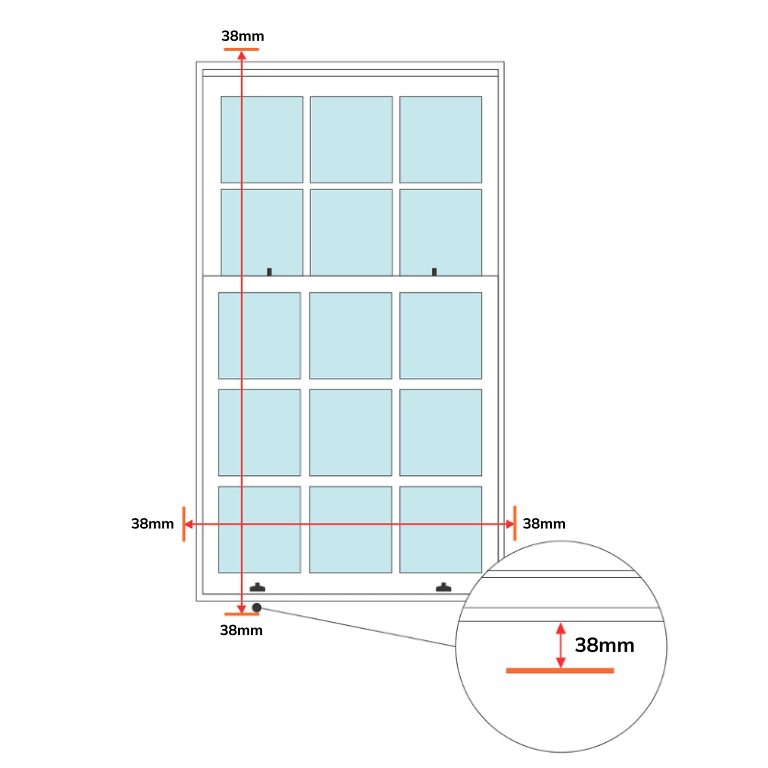 Diagram of window measurement guide showing required 38mm frame allowance for shutter installation
