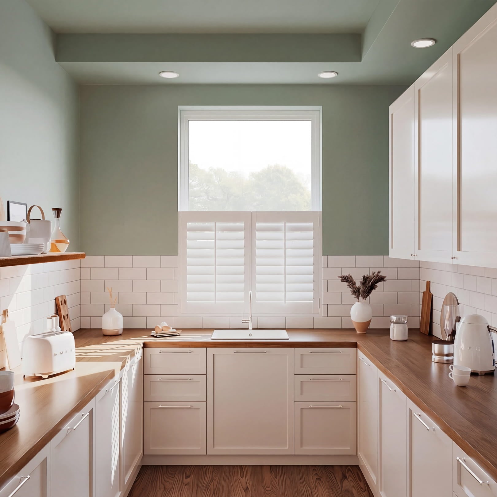 Ice White Cafe Style Faux Wood Shutter in Window above kitchen sink