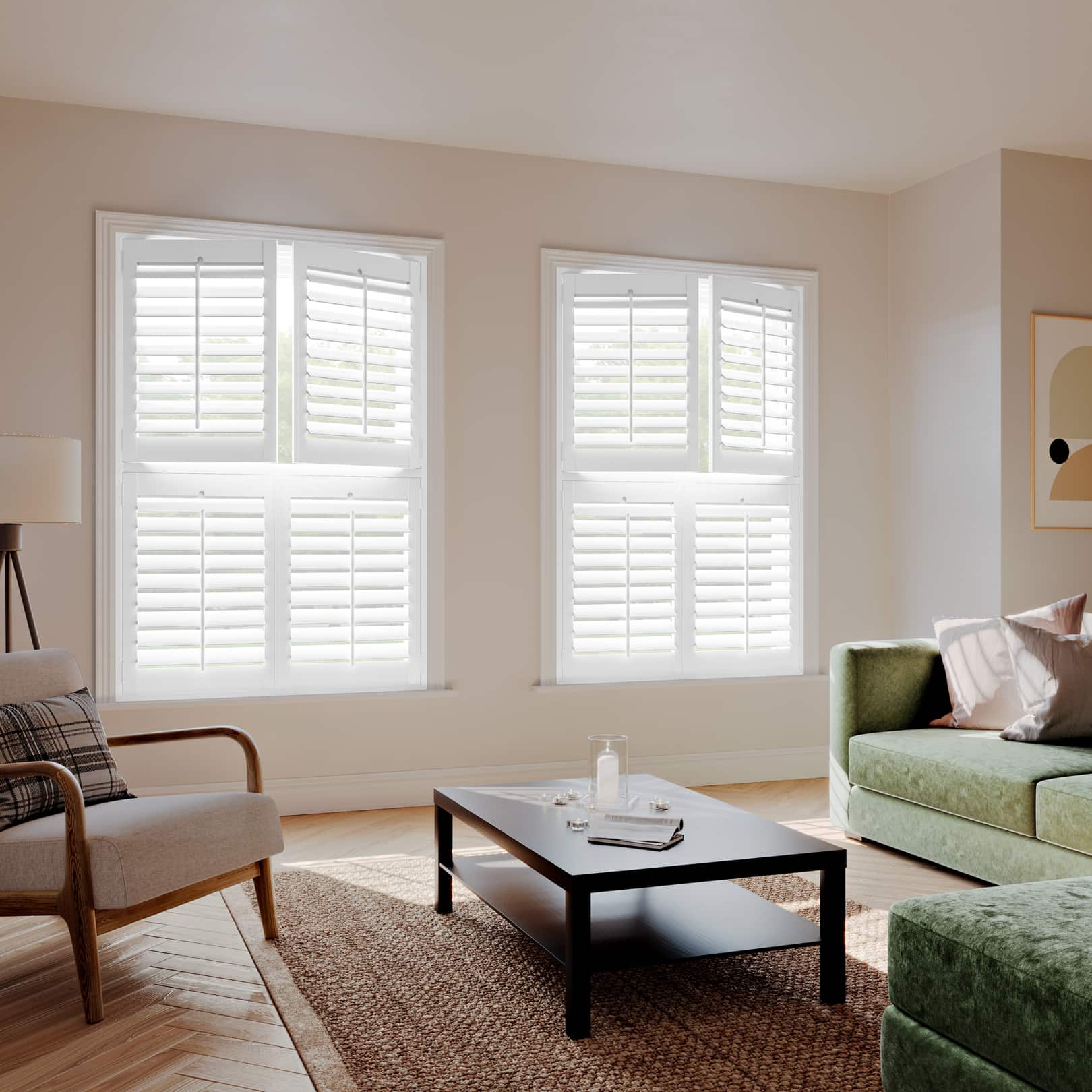 Ice White Tier on Tier Faux Wood Shutter in both windows in Living Room