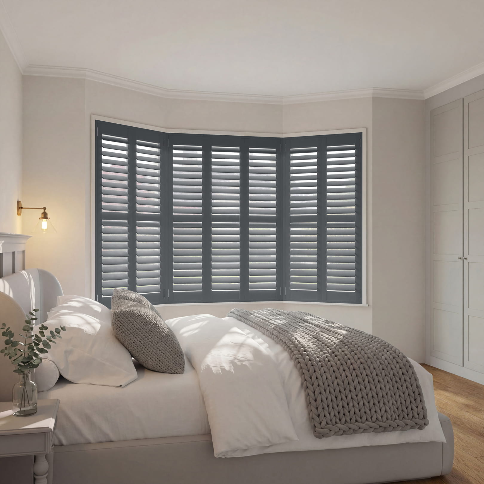 Traffic Grey Hardwood Full Height Bay Window Shutter in Modern Bedroom
