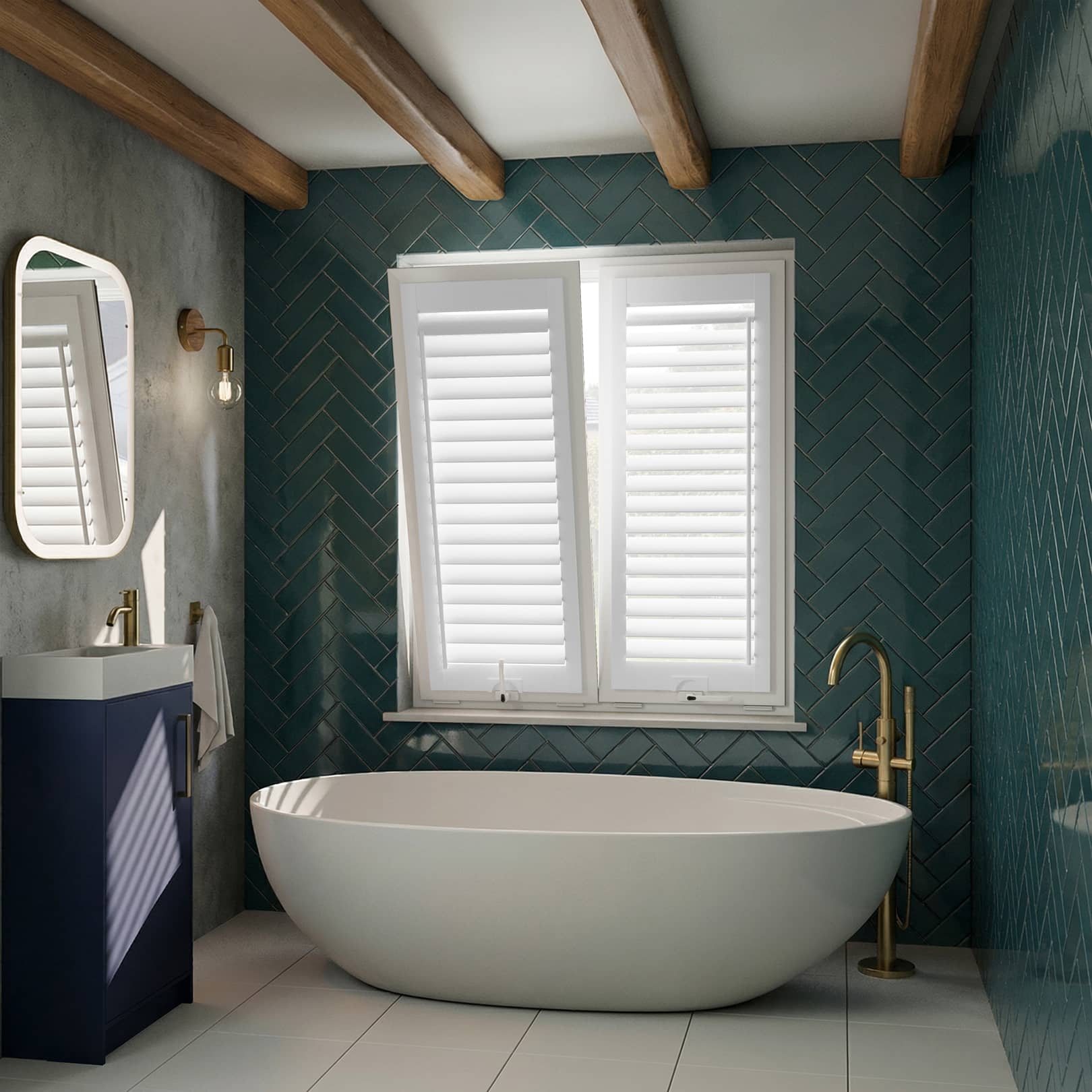 Artic white Perfect Fit Shutter in a Bathroom window