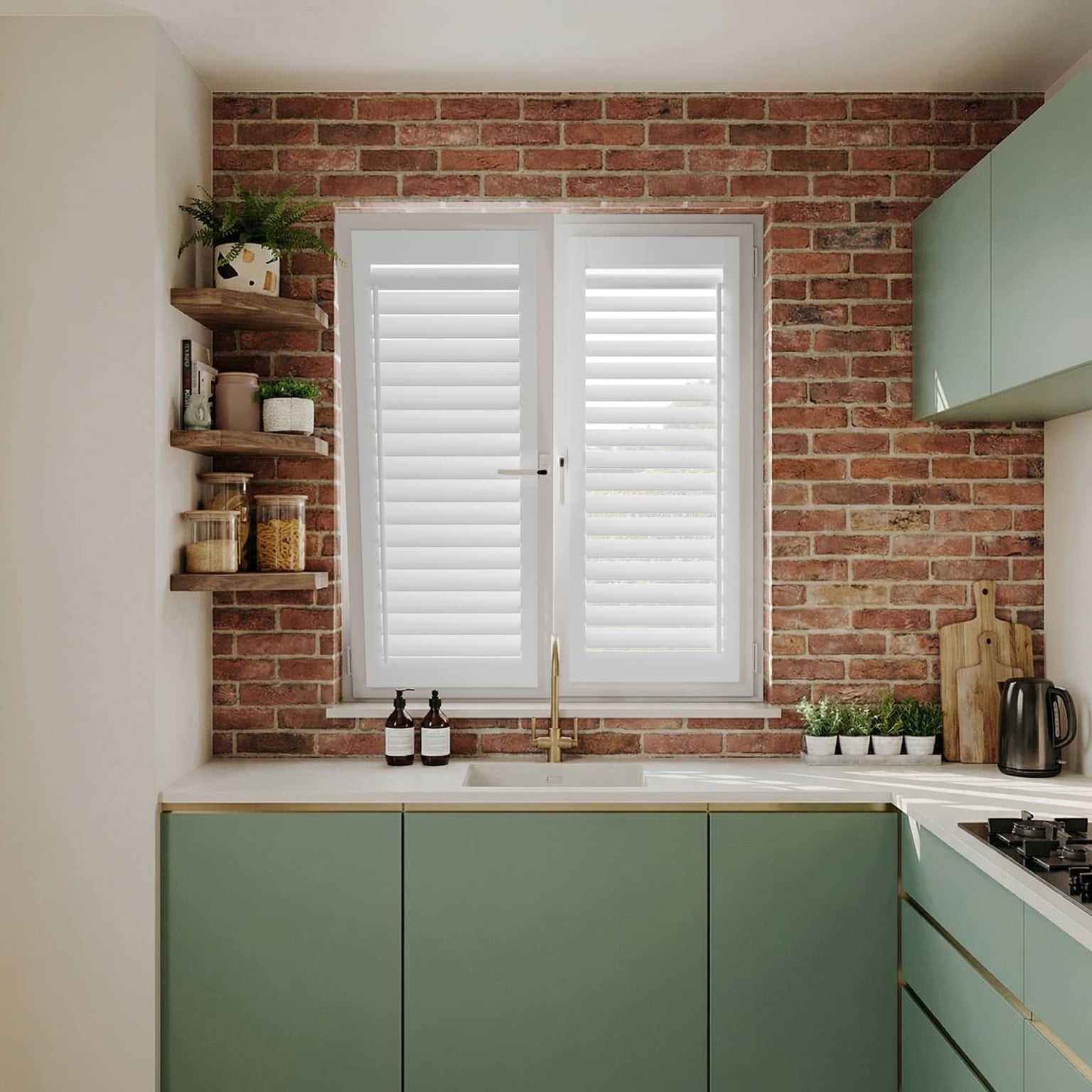 Arctic White Perfect Fit Shutter in window above kitchen sink