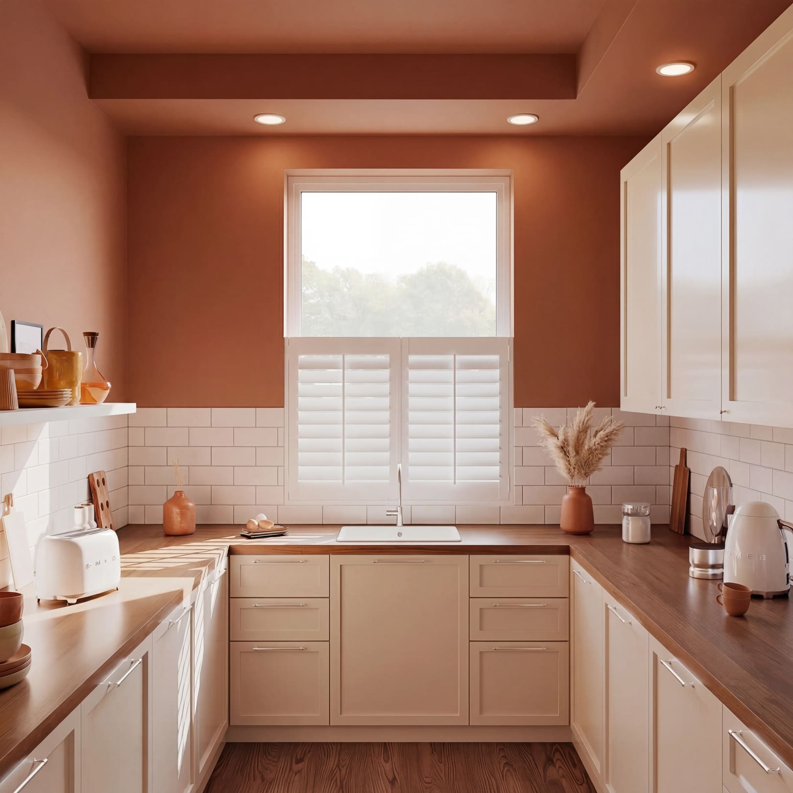 Ice White Cafe Style Faux Wood Shutter in Window above kitchen sink