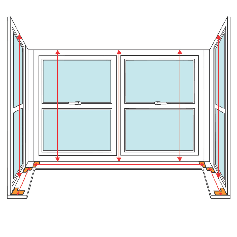 Diagram showing how to measure the height of each panel in a boxed bay window for shutters