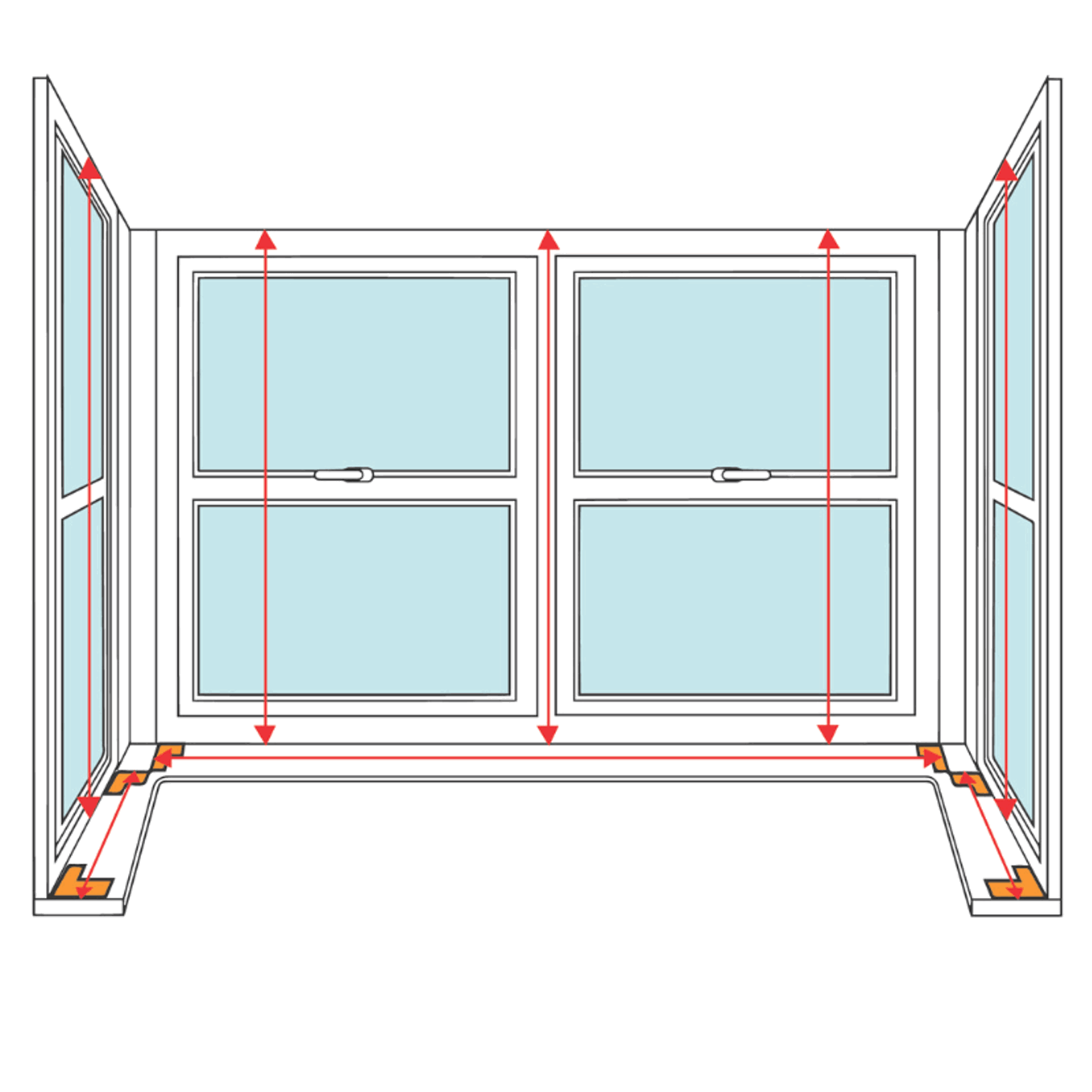 Diagram showing how to measure the height of each panel in a boxed bay window for shutters