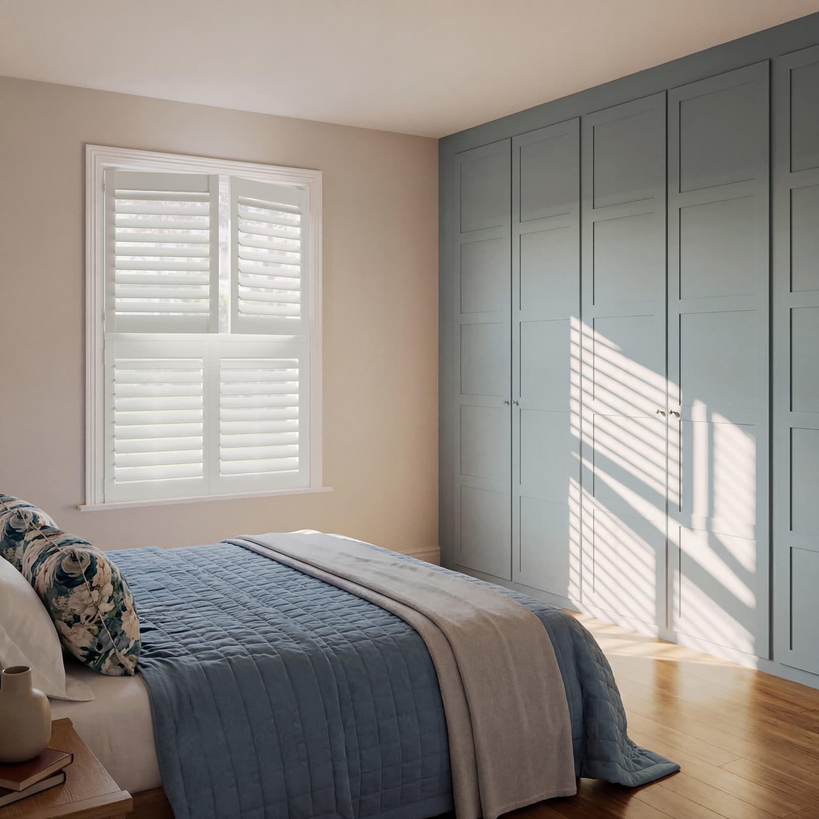Snow White tier on tier faux wood Shutter in bedroom window